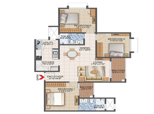 Prestige Primrose Hills 3 BHK Floor Plan